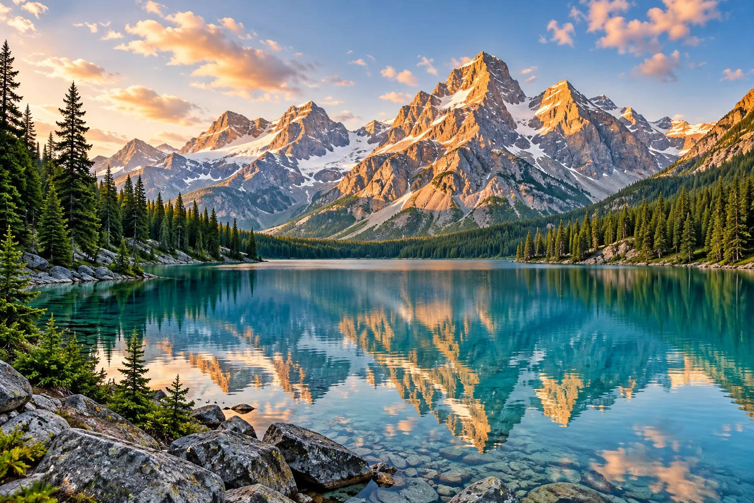 Sunlit mountain peaks reflected in a turquoise alpine lake