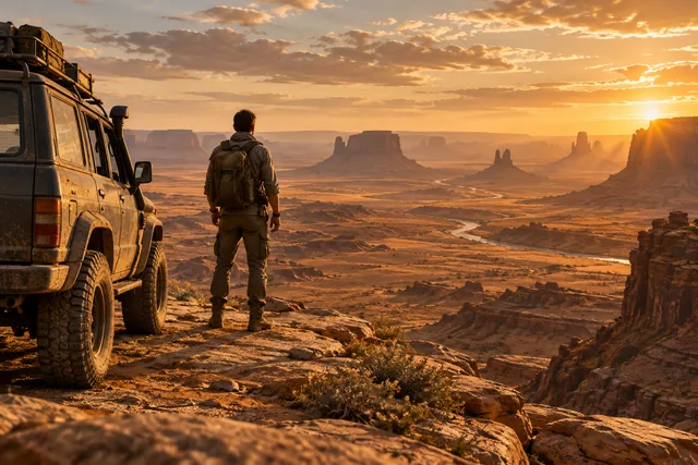 An explorer overlooking a sunlit desert landscape