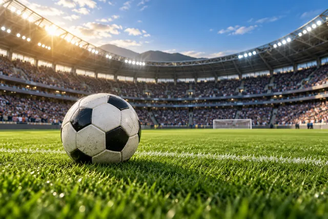 A football on the grass of a sunlit stadium
